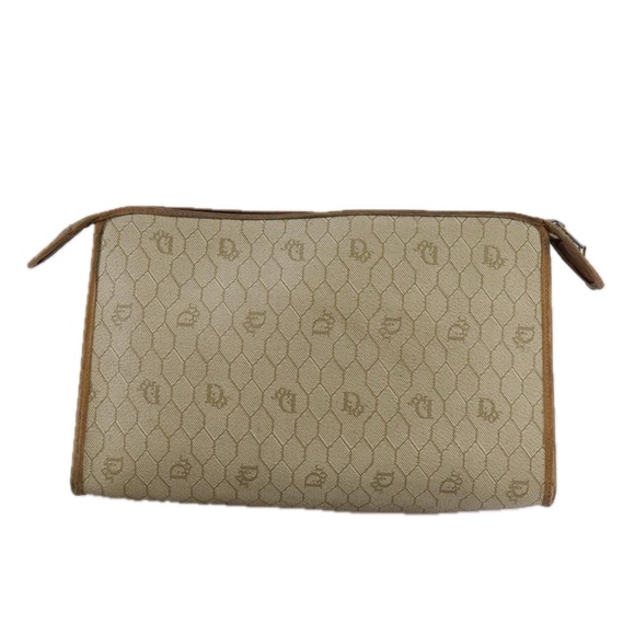 Christian Dior Honeycomb Canvas Clutch Bag PVC Leather Beige Auth bs20832